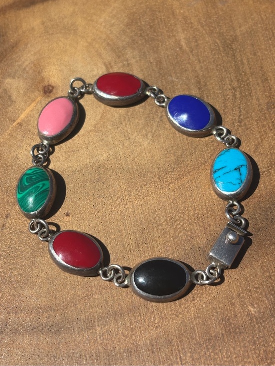 Vintage Jewelry - Multicolour Oval Stone Silver Link Bracelet Turquoise Lapis Malachite